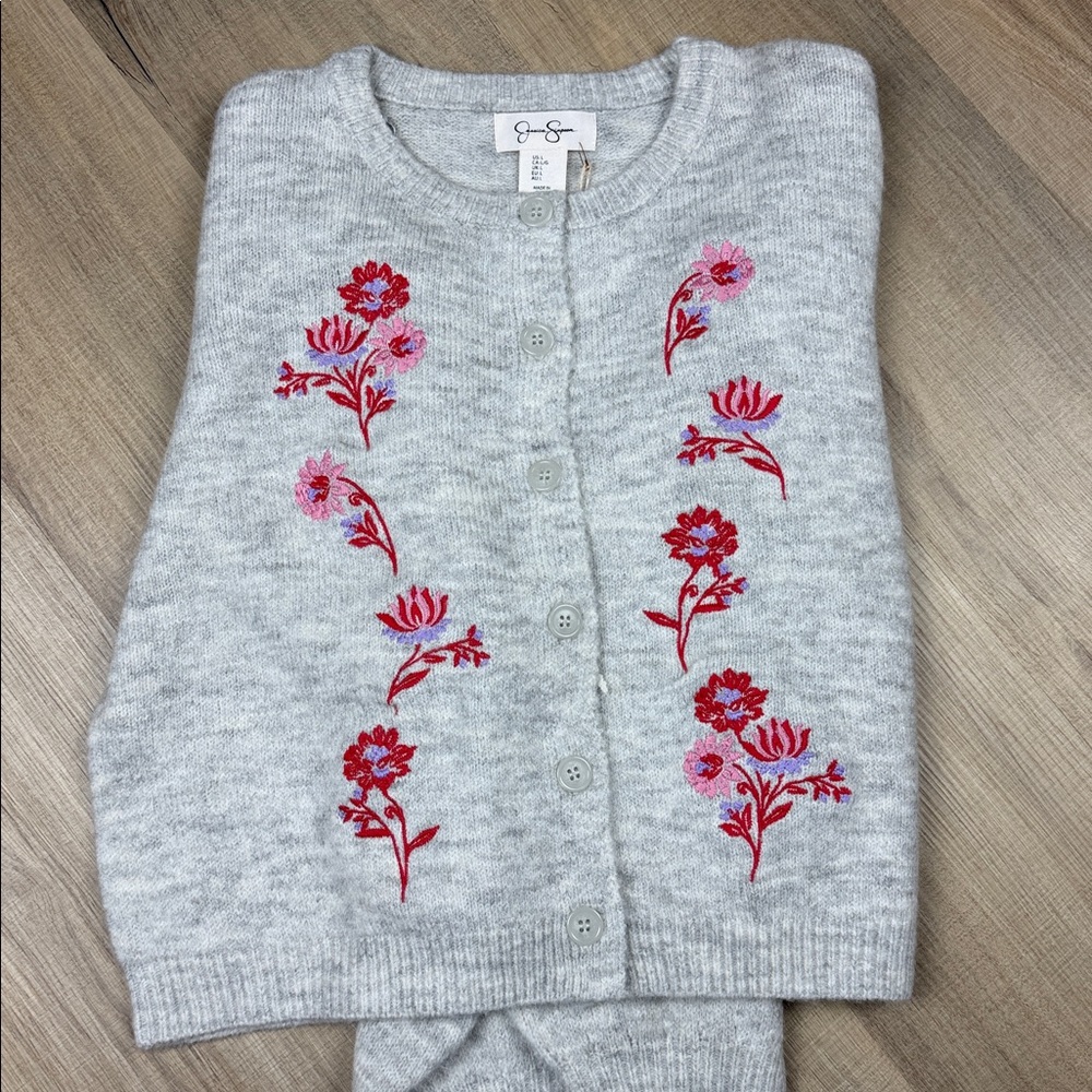 Jessica Simpson Floral Embroidered Women's Grey Cardigan. NWT. Size‎ Large